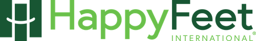 Logo for Happy Feet International featuring a stylized green “H” and the words “Happy Feet INTERNATIONAL” in green text, with “INTERNATIONAL” in smaller capital letters underneath “Feet.”. -Precision Flooring