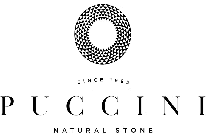 Logo with a black geometric circular pattern above the words Since 1995 in small text, PUCCINI in large letters, and Natural Stone in smaller text at the bottom. -Precision Flooring