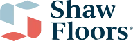 Shaw Floors logo with a light blue and red abstract shape to the left and the words Shaw Floors in dark blue text to the right. -Precision Flooring