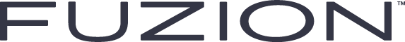 The image shows the word FUZION in bold, dark gray, geometric uppercase letters on a transparent background. -Precision Flooring