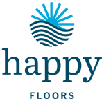Logo for Happy Floors featuring a blue stylized sun above wavy lines, with the word happy in large lowercase letters and FLOORS in smaller uppercase letters below. -Precision Flooring