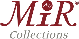 The logo displays the words MiR Collections. MiR is in large, dark red letters, with a stylized dot above the i, and Collections is in smaller, gray cursive text below. -Precision Flooring